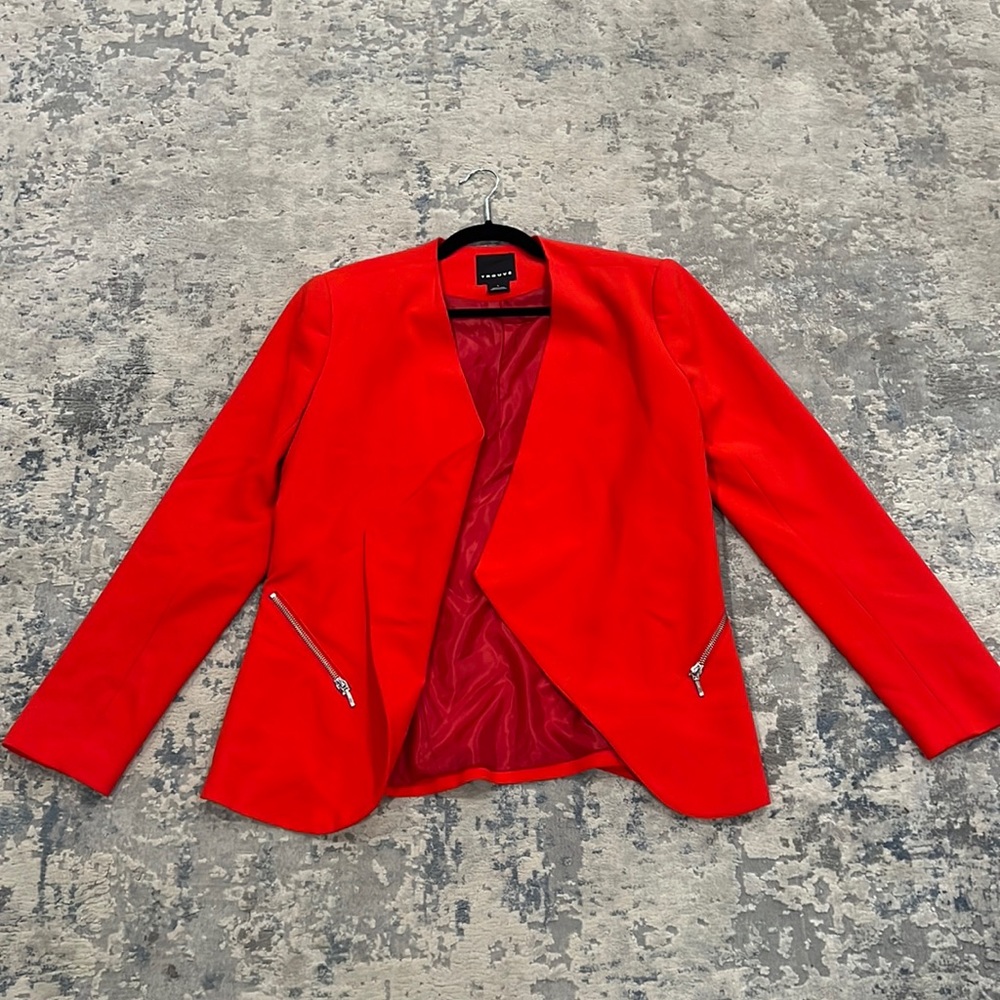 Red blazer with silver zipper detail